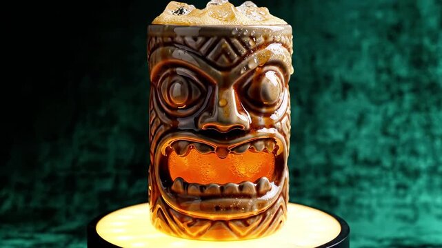 A tiki mug with a carved face and open mouth containing a vibrant orange drink sits on a white plate against a green background