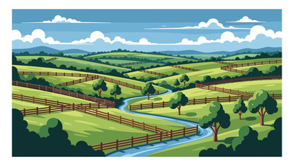Flat vector illustration of Kentucky landscape with rolling green hills, horse pastures, wooden fences, and winding streams, countryside charm in solid flat vector style © meeblues