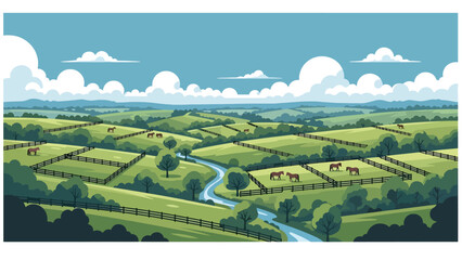 Flat vector illustration of Kentucky landscape with rolling green hills, horse pastures, wooden fences, and winding streams, countryside charm in solid flat vector style © meeblues