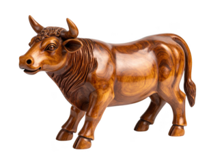Hand carved wooden ox zodiac sculpture with natural texture, isolate on white background.