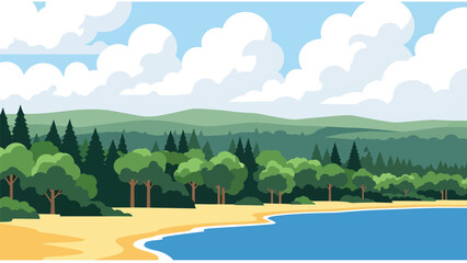 Flat vector illustration of Michigan Great Lakes landscape with sandy beaches, forests, calm freshwater shores, and open skies, scenic northern travel theme © meeblues