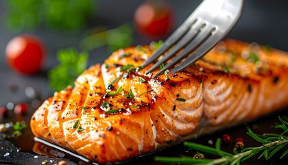 Grilled salmon fillet with herbs and spices being pierced by a fork on a dark surface with blurred tomatoes and greens.