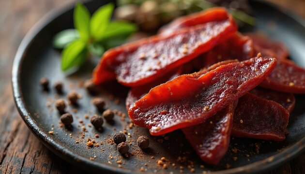 Thin slices of red dried meat with spices on dark plate. Beef jerky or biltong snack seasoned with pepper and herbs. Savory protein food texture detail.