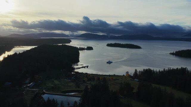 Panoramic Aerial View Of Thetis Island At Sunrise In The Gulf Islands In British Columbia, Canada.