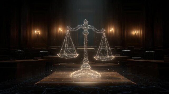 Justice in Shadows: A mesmerizing visualization of the scales of justice illuminates a courtroom's solemn depths, embodying fairness and the pursuit of truth within the realm of law.