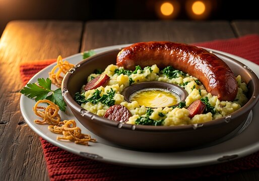 Hearty sausage and kale stamppot with butter and crispy onions