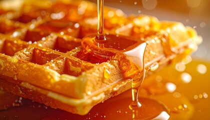 Close-up of a crispy waffle with golden syrup being poured on it, with a shallow depth of field and warm, appetizing tones against a blurred background.