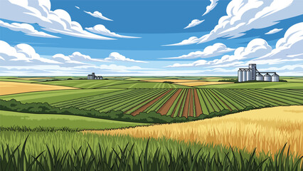 Flat vector illustration of Nebraska plains with farmland, grain silos, long horizons, and expansive skies, minimalist prairie scenery in solid flat vector style © meeblues