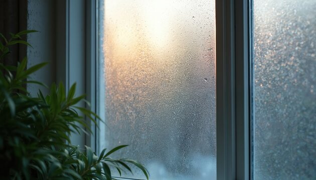 Morning sun shines through window glass with water droplets. Green houseplant foliage in foreground. Blurred outside view suggests cool humid weather.