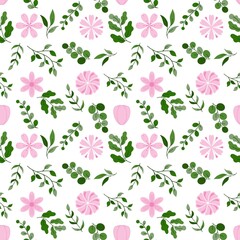 Seamless pink floral pattern with roses and leaves for decoration and textile design