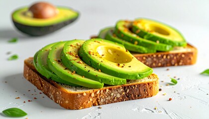 Close-up of two slices of whole grain toast topped with sliced avocado and red pepper flakes on a white surface with a halved avocado in the background.