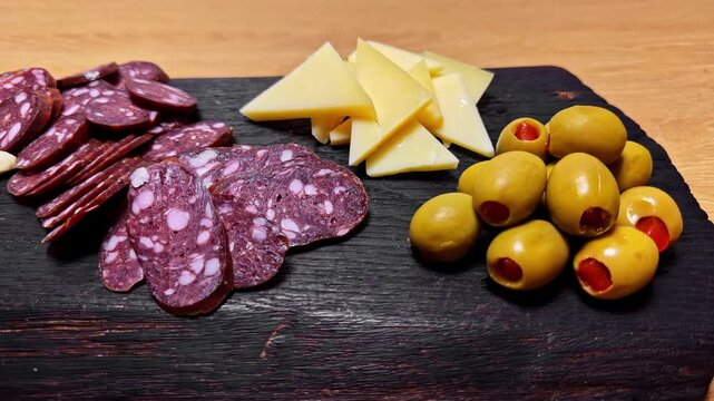 A Rustic Charcuterie Board Displays Sliced Cured Sausages, Assorted Cheeses, Pickles, and Olives - Close Up