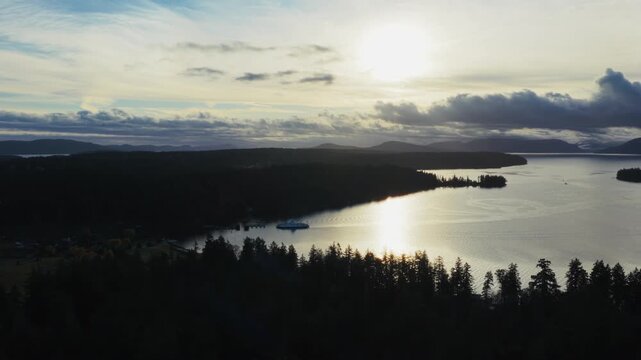 Aerial View Of Thetis Island Ferry Terminal At Sunrise - Ferry Ramp, Thetis Island, British Columbia, Canada.