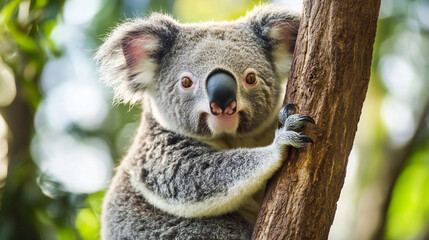 Fototapeta premium Adorable young koala gripping a tree trunk amidst lush green foliage