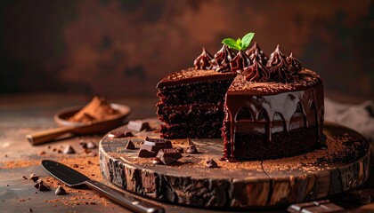 Moist chocolate cake with chocolate ganache frosting and fresh mint on top, served on wooden platter with knife and cocoa powder nearby, warm earthy tones.