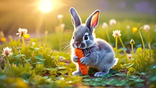 Cute Bunny Rabbit Holding Carrot in Lush Green Meadow with Wildflowers and Sunlight