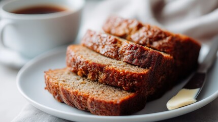 Slices of moist no flour banana bread rest on a white plate, accompanied by butter and a steaming cup of coffee, inviting a warm and comforting breakfast moment