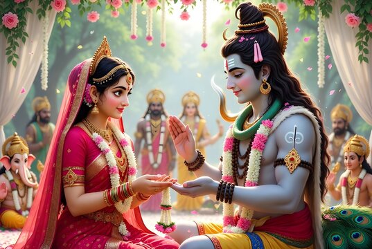 Shiva Parvati Vivah Scene: Hindu Mythology Sacred Union