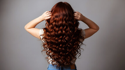 Woman's Back with Long, Wavy, Auburn Hair and Hands Touching Hair long hair wavy hair