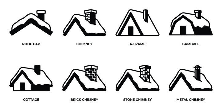 Roof Styles Vector Illustration: Roof Cap, Chimney, A-Frame, Gambrel, Cottage, Brick, Stone, and Metal Chimney Icons Set
