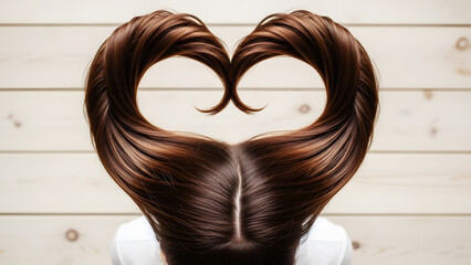 Woman's Long Brown Hair Styled into a Heart Shape Against Wooden Background Keywords: hair, long, brown, heart shape, hairstyle