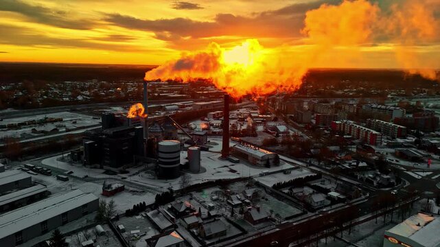 Drone view of a snowy city industrial plant at sunset, with a chimney flare and glowing plume drifting over factories and rooftops, highlighting energy production and air pollution.