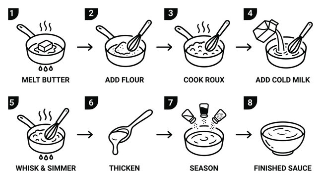 Sauce making diagram, roux cooking process with eight steps, melt butter, add flour, milk, and seasoning