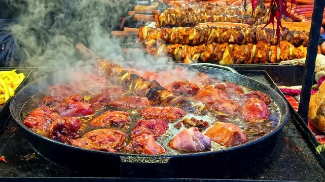 Krakow, Poland street food stall frying marinated meat and skewers in a large pan, thick steam and sizzling oil rising at an outdoor market.