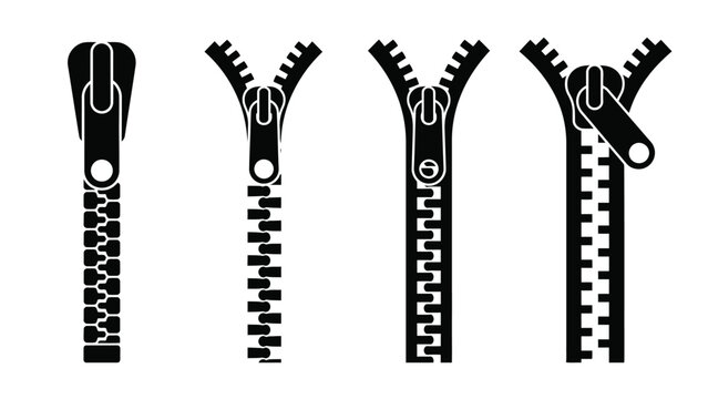 A set of black and white zipper illustrations on a plain background