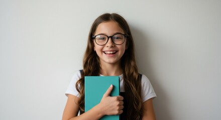Fototapeta premium Smiling Girl with Glasses Holding Book, Giving Thumbs Up, Joyful Portrait.