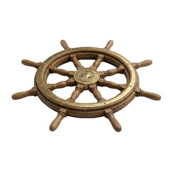 Antique Wooden Ship Steering Wheel With Brass Accents On Black Background