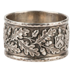 Antique Silver Napkin Ring Detailed Oak Leaf Acorn Motif Heraldic Crest Intricate Metalwork