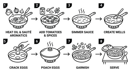Shakshuka recipe illustration with cooking steps in vector format on white background