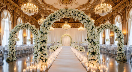Obraz premium Elegant Wedding Ceremony Setup with Floral Decorations.