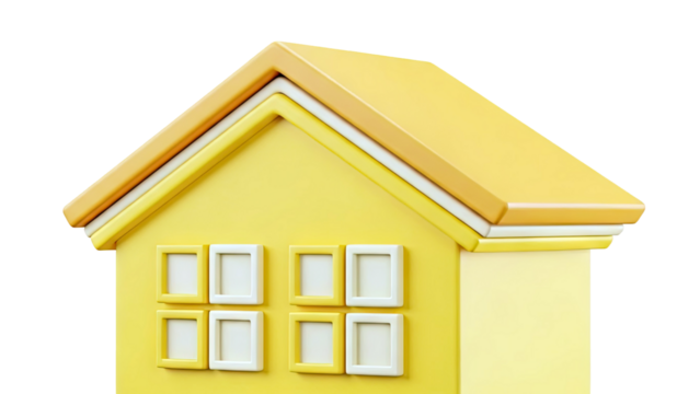 Stylized Yellow House with Square Windows and Layered Roof - Powered by Adobe
