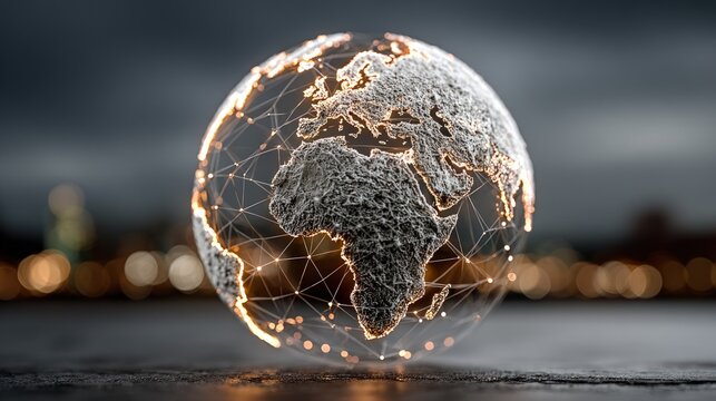 A glowing wireframe globe with a network of lines and nodes centered on Africa and Europe, set against a blurred cityscape background at dusk - Powered by Adobe