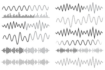 Sound wave set. Sound waves, Equalizer, Audio waves, Radio signal, Music. Recording. Vector illustration Template