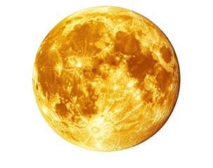 Golden moon with craters, isolated on stark black
