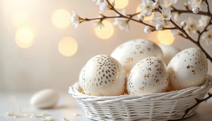 Fototapeta premium Elegant white Easter eggs with gold patterns sit in a basket under a blooming branch. Soft lights create a festive atmosphere. Celebrate spring holiday with ornate decorations.