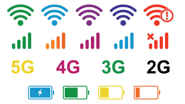 A collection of colorful mobile network and battery icons on a white background