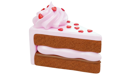 Slice of pink frosted cake with red heart sprinkles