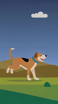 Cartoon beagle dog running on green grass with hills and a cloud