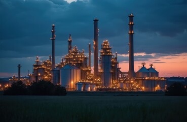 Fototapeta premium Industrial complex with towers and tanks glows at dusk. Factory lights shine against the dark sky. Petrochemical plant works at night, producing power. Blue hour scene.