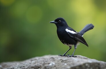 Fototapeta premium Oriental magpie robin bird rests on rock. Black and white plumage with orange underside markings. Small songbird perches outdoors against blurred green nature backdrop.