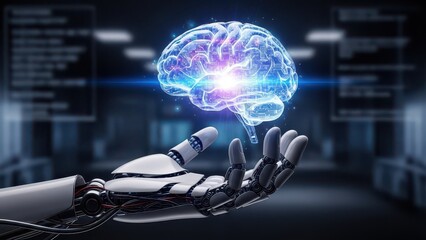 Artificial intelligence concept with robotic hand holding glowing digital brain, futuristic 3D render