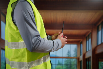A professional construction engineer or site supervisor stands confidently in a modern wooden...