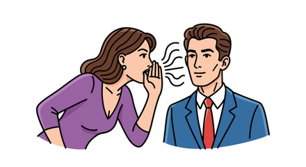 A vivid illustration captures a woman intimately whispering a private message into a man's ear, symbolizing confidential communication, secrets, or sharing news.