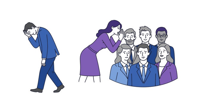 A distressed man walks away from a whispering group, illustrating the emotional toll of workplace gossip and social rumors on mental well-being.