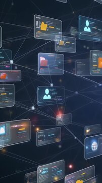 Network visualization with interconnected nodes and data points on a dark background