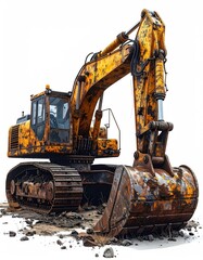 Rusty yellow excavator isolated, heavy duty construction vehicle